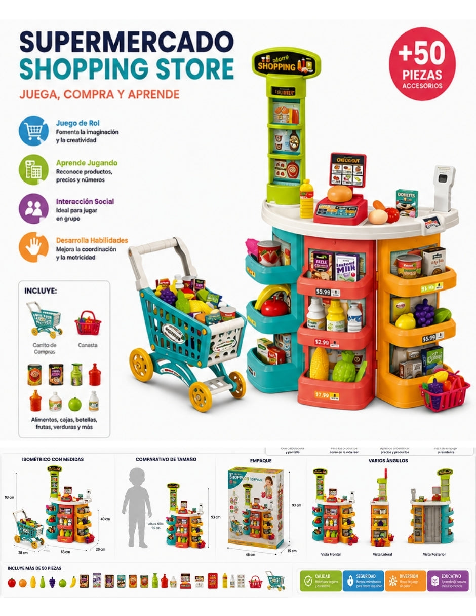 PINGÜE® Role Play Supermercado con Carrito 72 Piezas, Luces y Sonidos