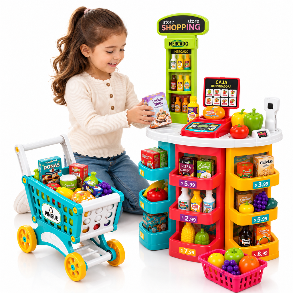 PINGÜE® Role Play Supermercado con Carrito 72 Piezas, Luces y Sonidos