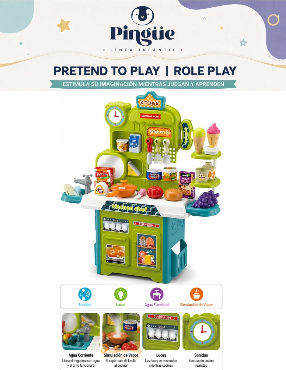 PINGÜE® Role Play Cocina Infantil Mini Chef +53 Piezas Azul Menta