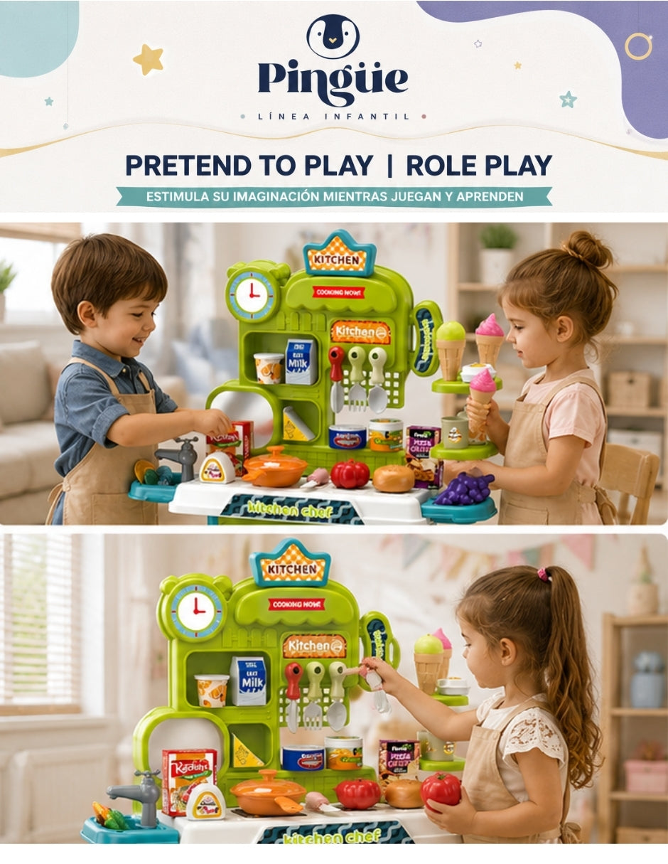 PINGÜE® Role Play Cocina Infantil Mini Chef +53 Piezas Azul Menta
