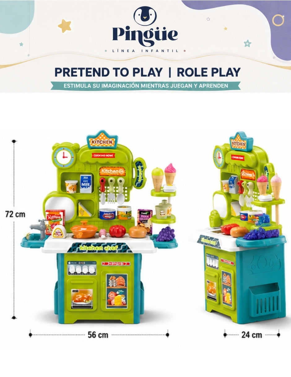 PINGÜE® Role Play Cocina Infantil Mini Chef +53 Piezas Azul Menta
