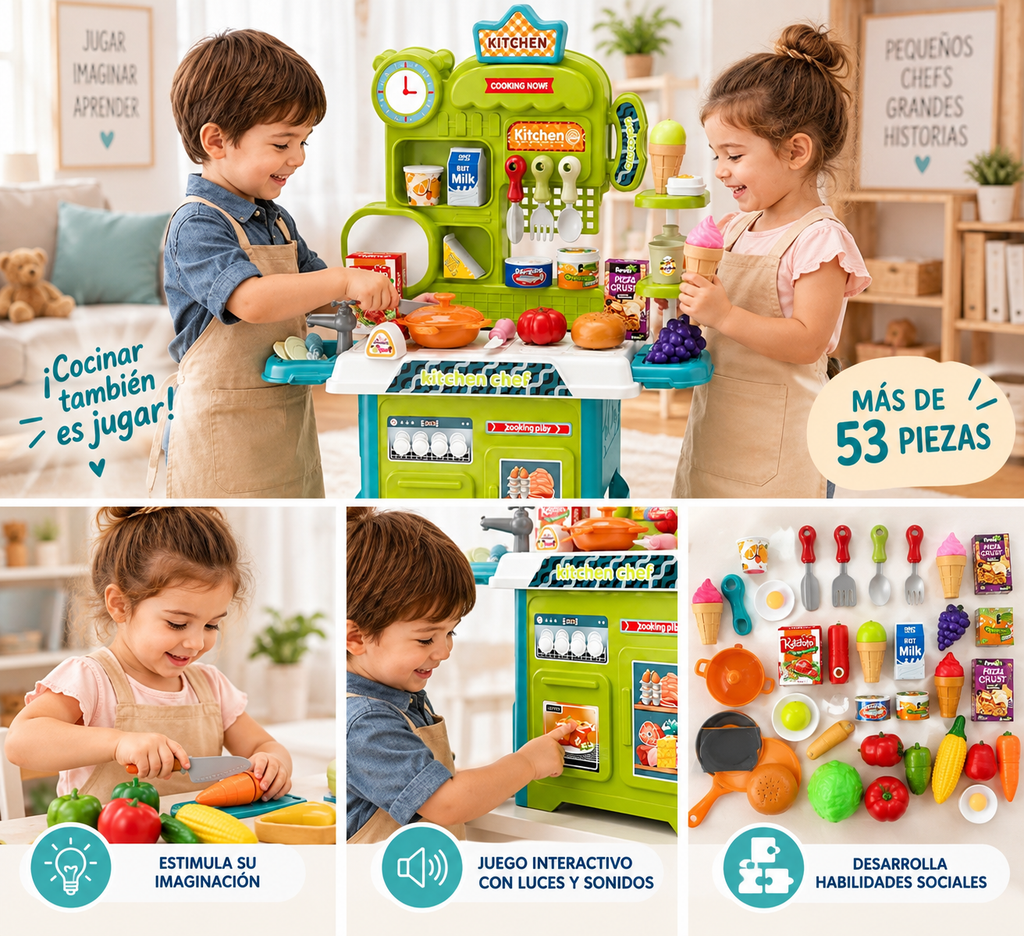 PINGÜE® Role Play Cocina Infantil Mini Chef +53 Piezas Azul Menta