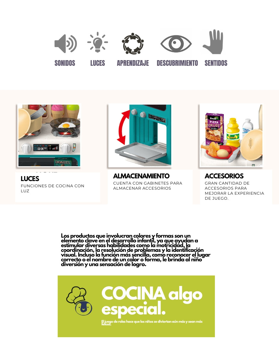 PINGÜE® Role Play | Set de Cocina de Juguete a Escala con 64 Piezas, Luces y Sonidos | Horno con luz, espacio de almacenamiento y gran variedad de accesorios. Tamaño 48x22x78. Edad 3+. Juguetes Niñas
