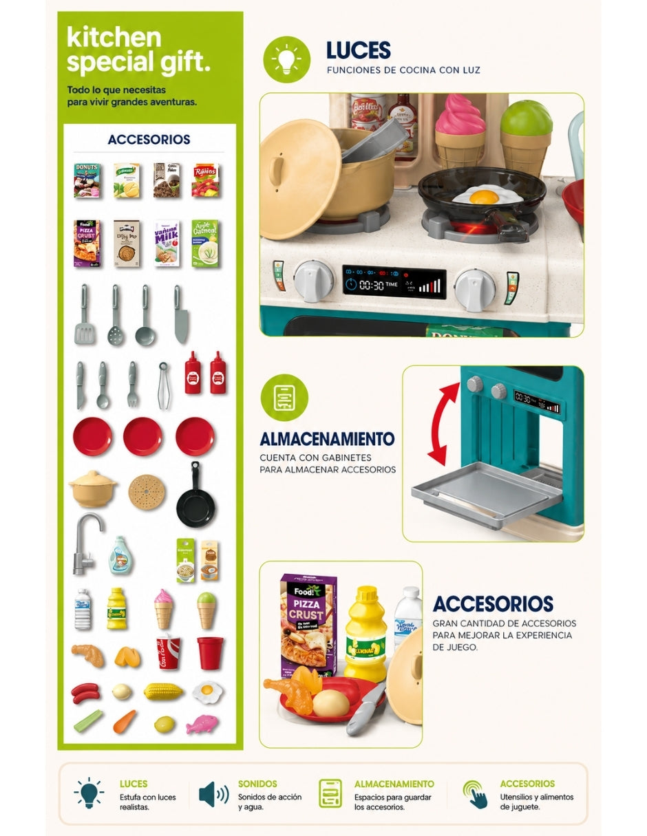 PINGÜE® Role Play | Set de Cocina de Juguete a Escala con 64 Piezas, Luces y Sonidos | Horno con luz, espacio de almacenamiento y gran variedad de accesorios. Tamaño 48x22x78. Edad 3+. Juguetes Niñas