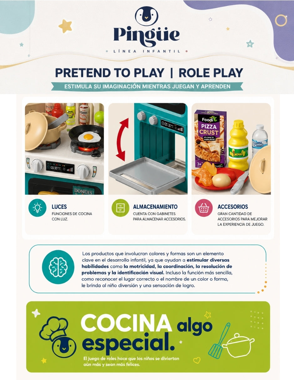 PINGÜE® Role Play | Set de Cocina de Juguete a Escala con 64 Piezas, Luces y Sonidos | Horno con luz, espacio de almacenamiento y gran variedad de accesorios. Tamaño 48x22x78. Edad 3+. Juguetes Niñas