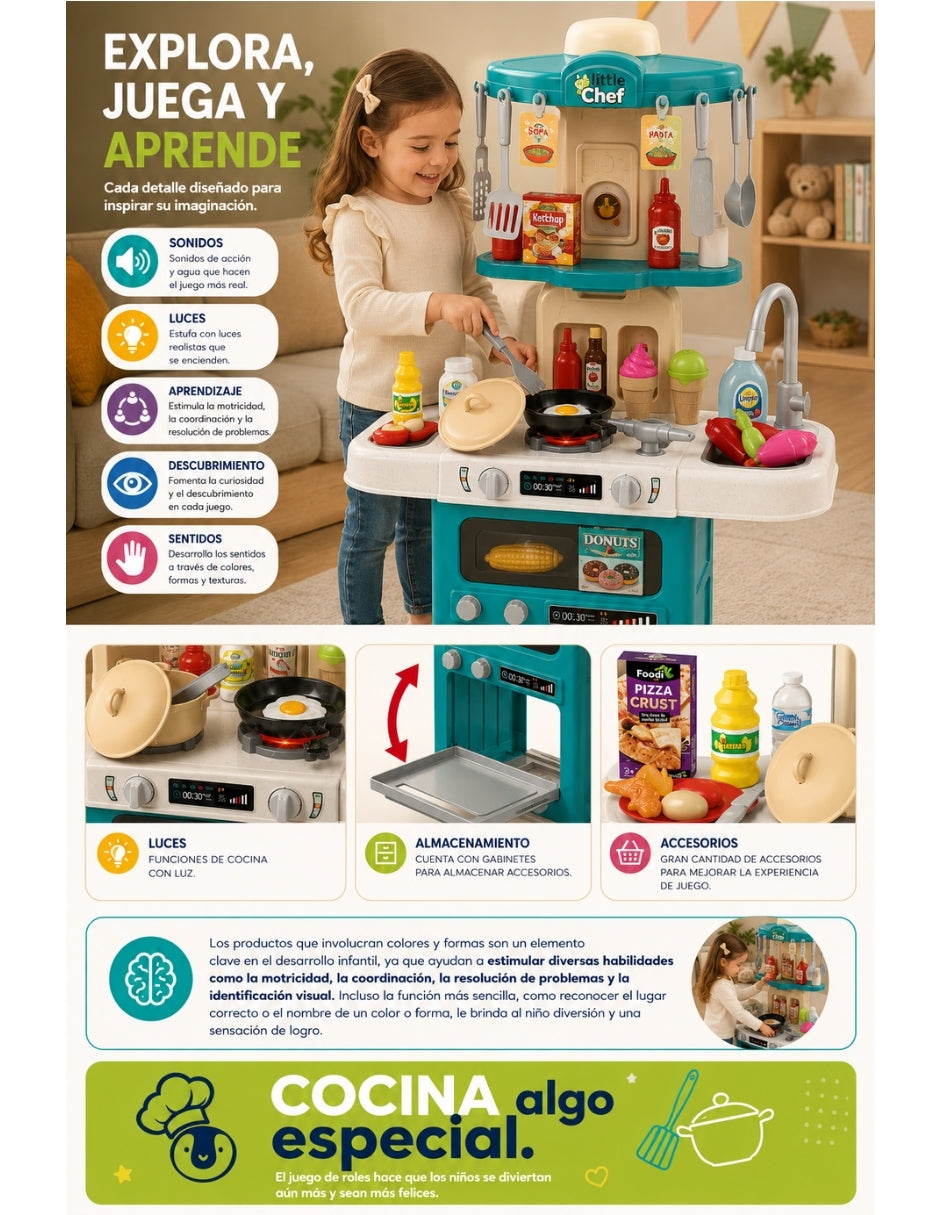 PINGÜE® Role Play | Set de Cocina de Juguete a Escala con 64 Piezas, Luces y Sonidos | Horno con luz, espacio de almacenamiento y gran variedad de accesorios. Tamaño 48x22x78. Edad 3+. Juguetes Niñas