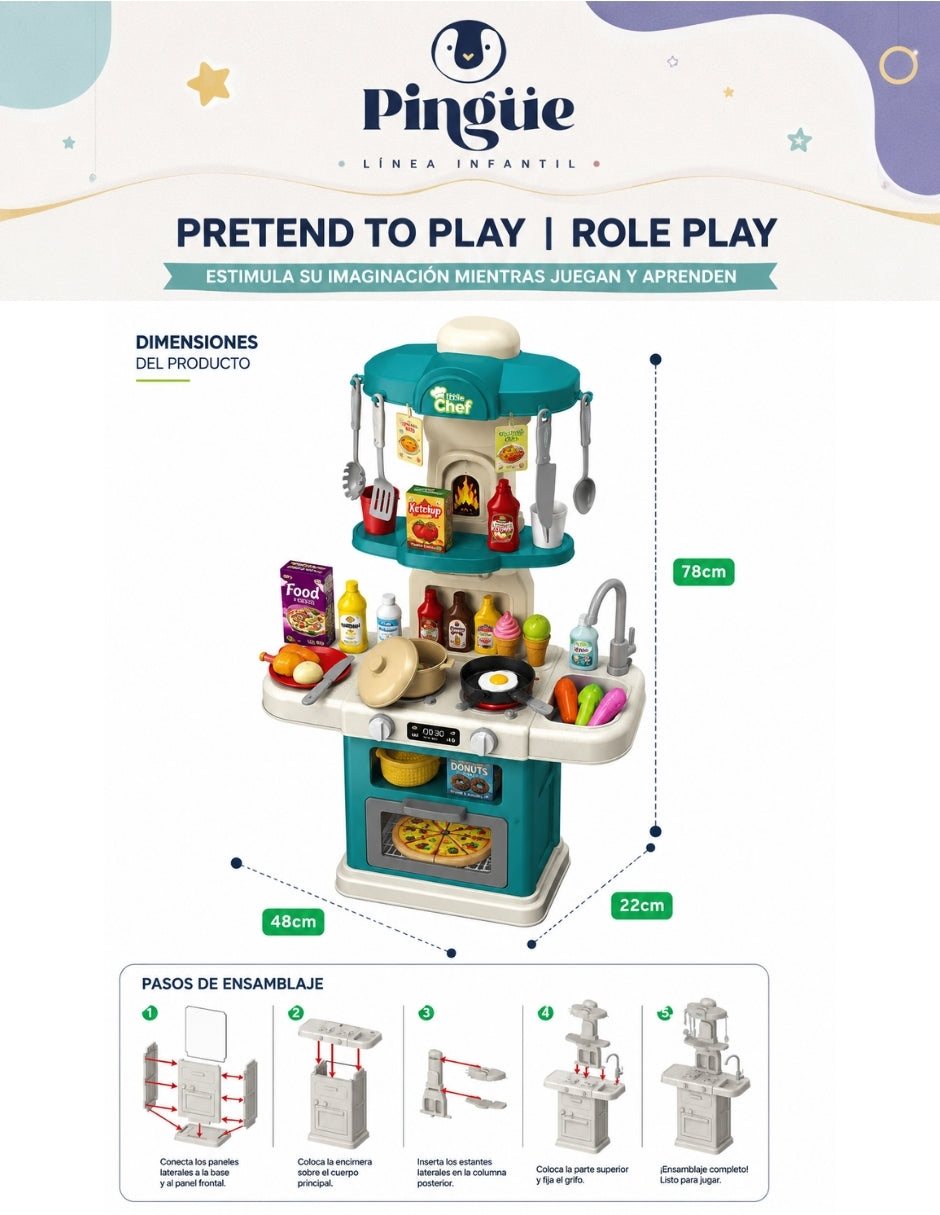 PINGÜE® Role Play | Set de Cocina de Juguete a Escala con 64 Piezas, Luces y Sonidos | Horno con luz, espacio de almacenamiento y gran variedad de accesorios. Tamaño 48x22x78. Edad 3+. Juguetes Niñas