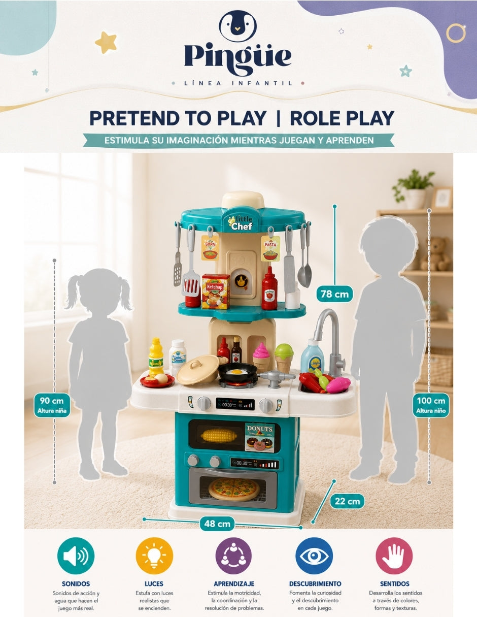 PINGÜE® Role Play | Set de Cocina de Juguete a Escala con 64 Piezas, Luces y Sonidos | Horno con luz, espacio de almacenamiento y gran variedad de accesorios. Tamaño 48x22x78. Edad 3+. Juguetes Niñas