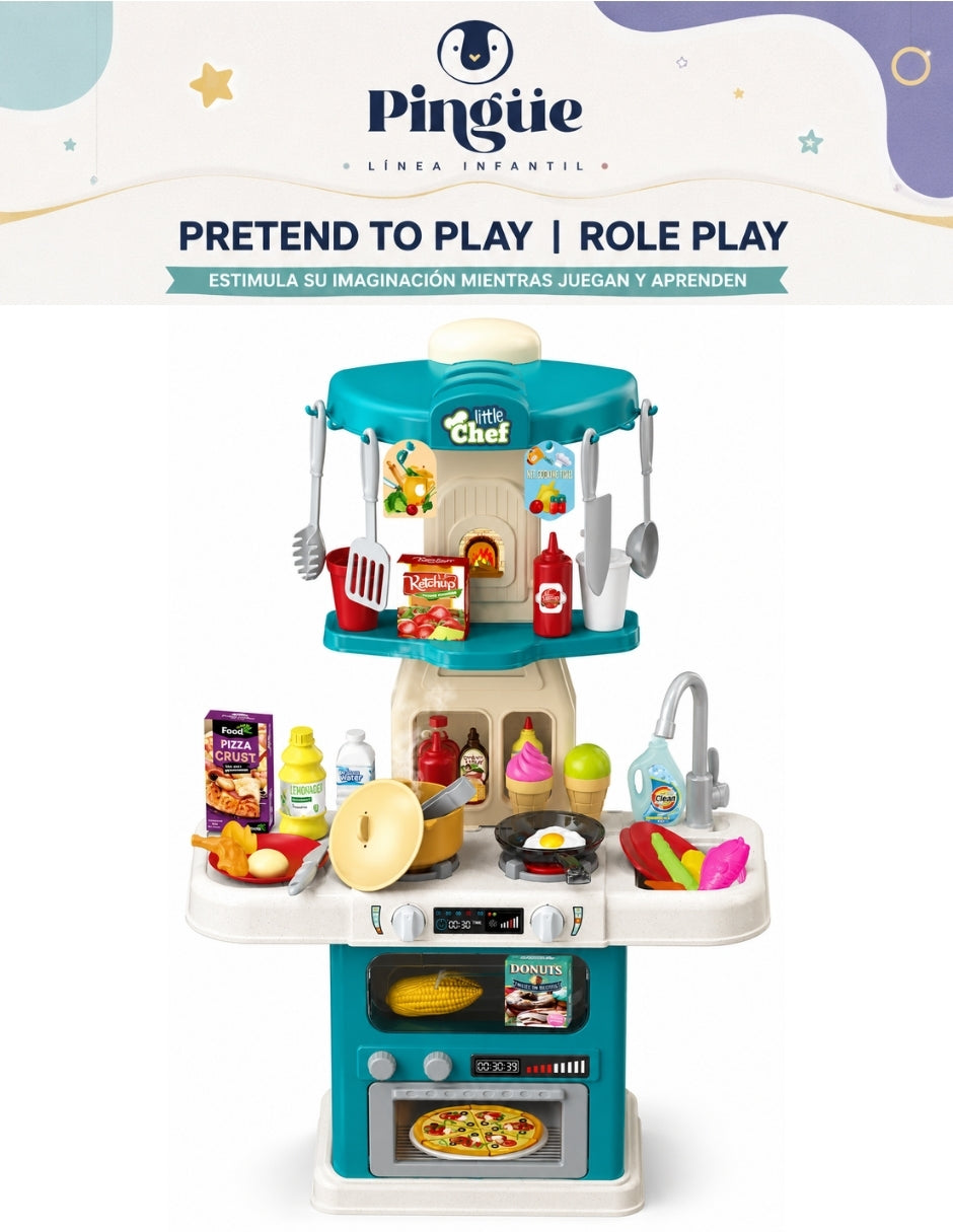 PINGÜE® Role Play | Set de Cocina de Juguete a Escala con 64 Piezas, Luces y Sonidos | Horno con luz, espacio de almacenamiento y gran variedad de accesorios. Tamaño 48x22x78. Edad 3+. Juguetes Niñas