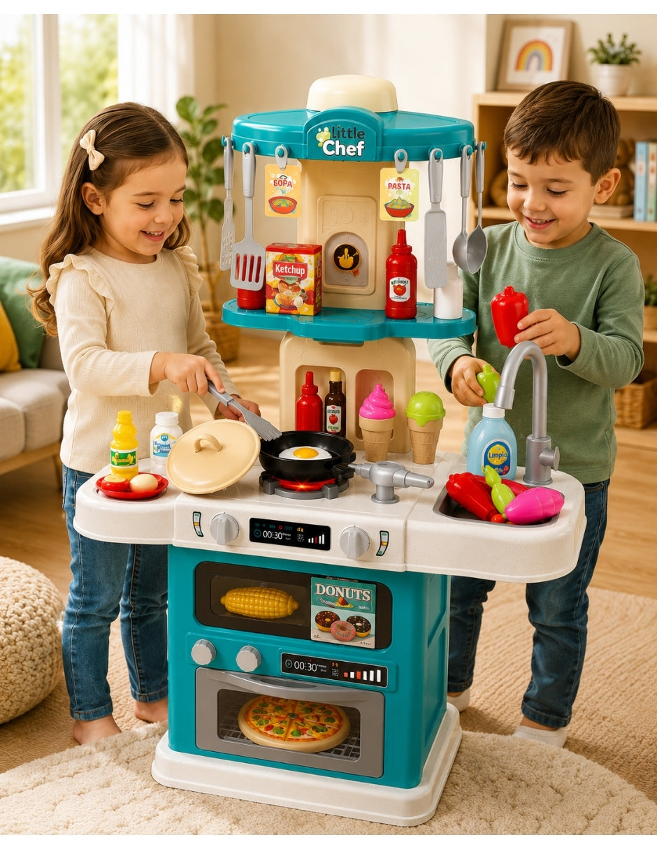 PINGÜE® Role Play | Set de Cocina de Juguete a Escala con 64 Piezas, Luces y Sonidos | Horno con luz, espacio de almacenamiento y gran variedad de accesorios. Tamaño 48x22x78. Edad 3+. Juguetes Niñas