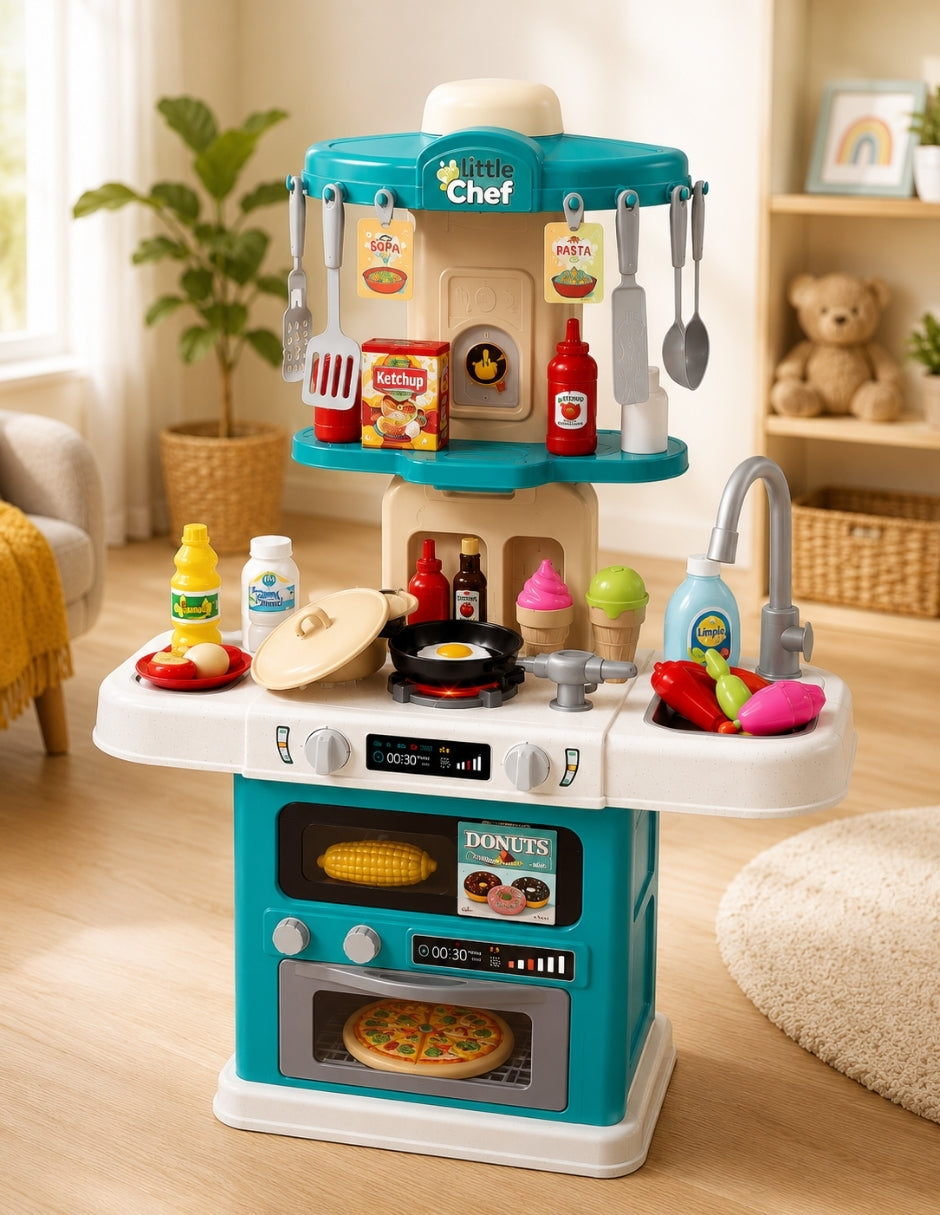 PINGÜE® Role Play | Set de Cocina de Juguete a Escala con 64 Piezas, Luces y Sonidos | Horno con luz, espacio de almacenamiento y gran variedad de accesorios. Tamaño 48x22x78. Edad 3+. Juguetes Niñas