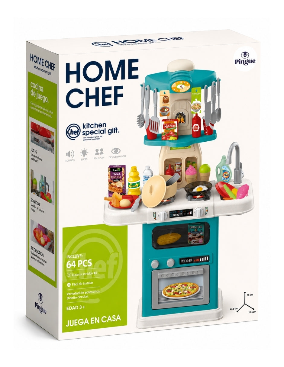 PINGÜE® Role Play | Set de Cocina de Juguete a Escala con 64 Piezas, Luces y Sonidos | Horno con luz, espacio de almacenamiento y gran variedad de accesorios. Tamaño 48x22x78. Edad 3+. Juguetes Niñas