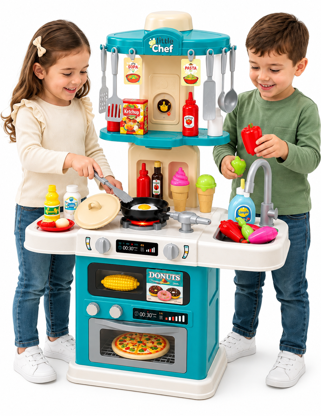PINGÜE® Role Play | Set de Cocina de Juguete a Escala con 64 Piezas, Luces y Sonidos | Horno con luz, espacio de almacenamiento y gran variedad de accesorios. Tamaño 48x22x78. Edad 3+. Juguetes Niñas