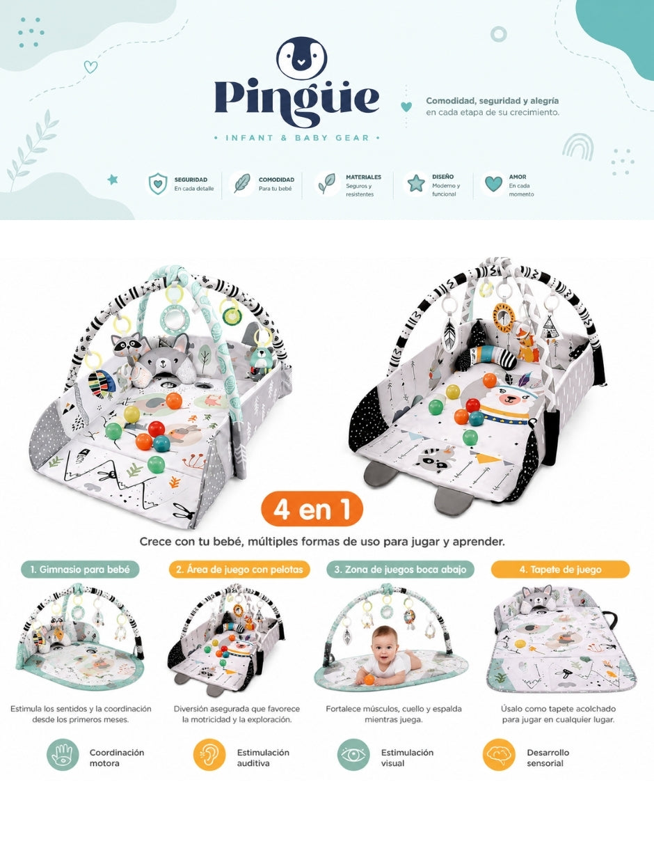 PINGÜE® Bebés Ocean Ball 4 en 1 con Corral, Gimnasio y Alberca de Pelotas