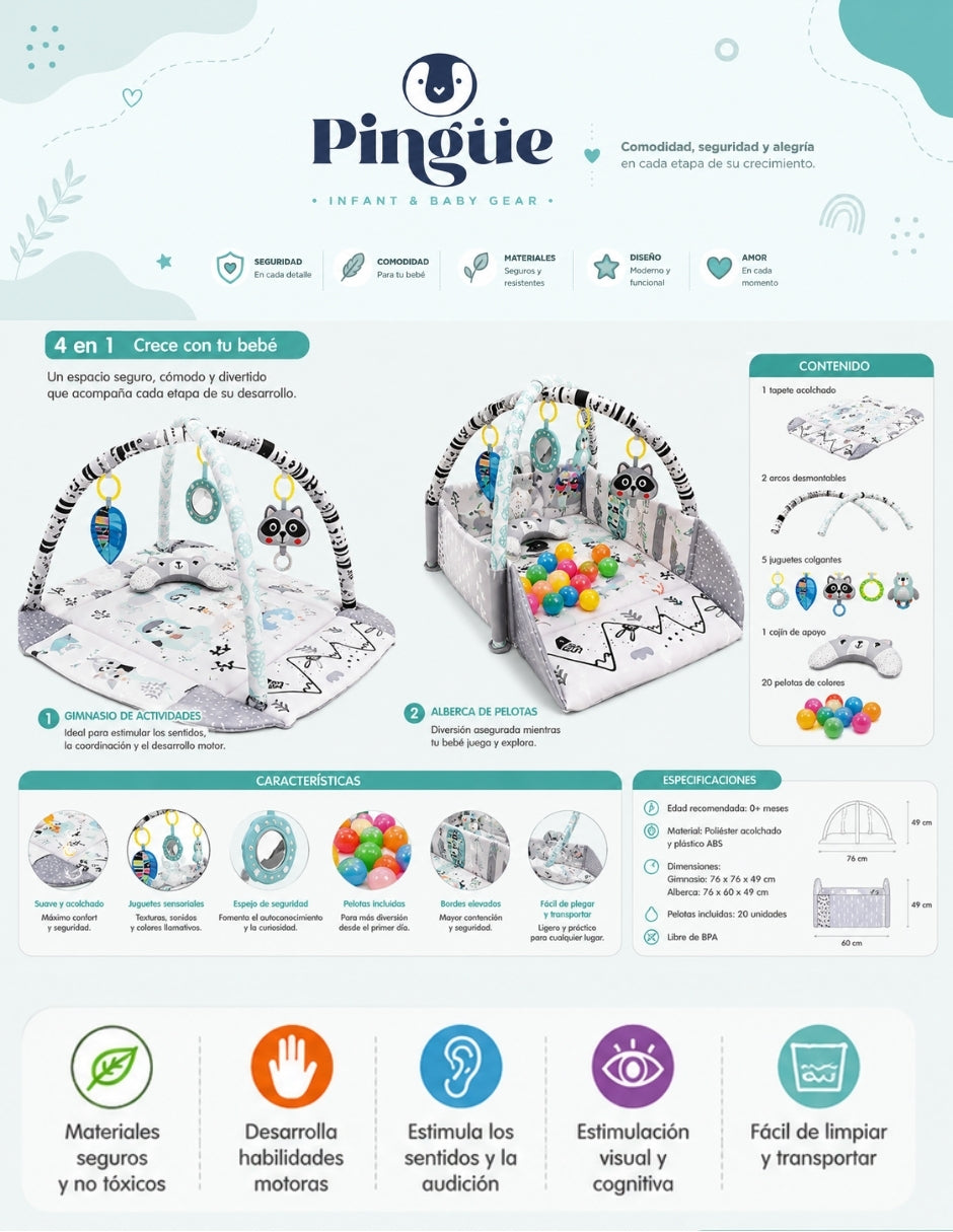 PINGÜE® Bebés Ocean Ball 4 en 1 con Corral, Gimnasio y Alberca de Pelotas