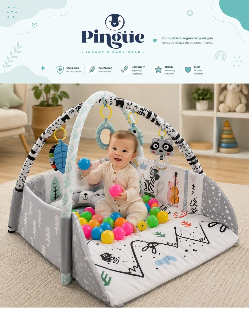 PINGÜE® Bebés Ocean Ball 4 en 1 con Corral, Gimnasio y Alberca de Pelotas