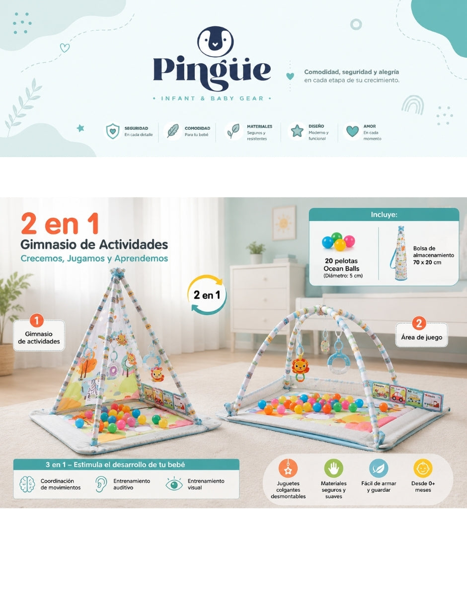 PINGÜE® Bebés Gimnasio con Alberca de Pelotas, Corral y Tapete Acolchado