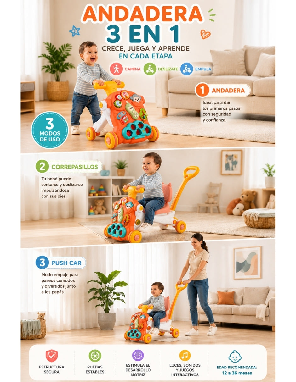 PINGÜE® Bebés Andadera 3 en 1 con Música: Scooter, Andadera y Push Car