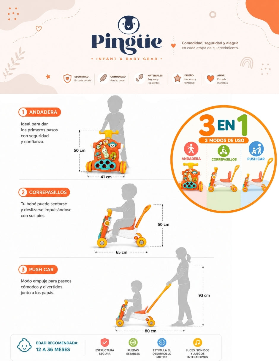 PINGÜE® Bebés Andadera 3 en 1 con Música: Scooter, Andadera y Push Car