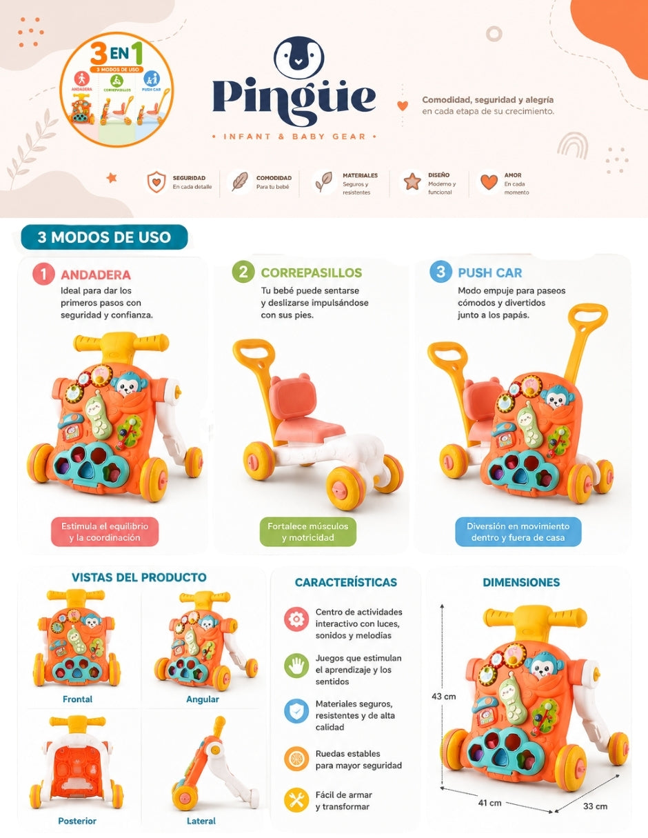 PINGÜE® Bebés Andadera 3 en 1 con Música: Scooter, Andadera y Push Car