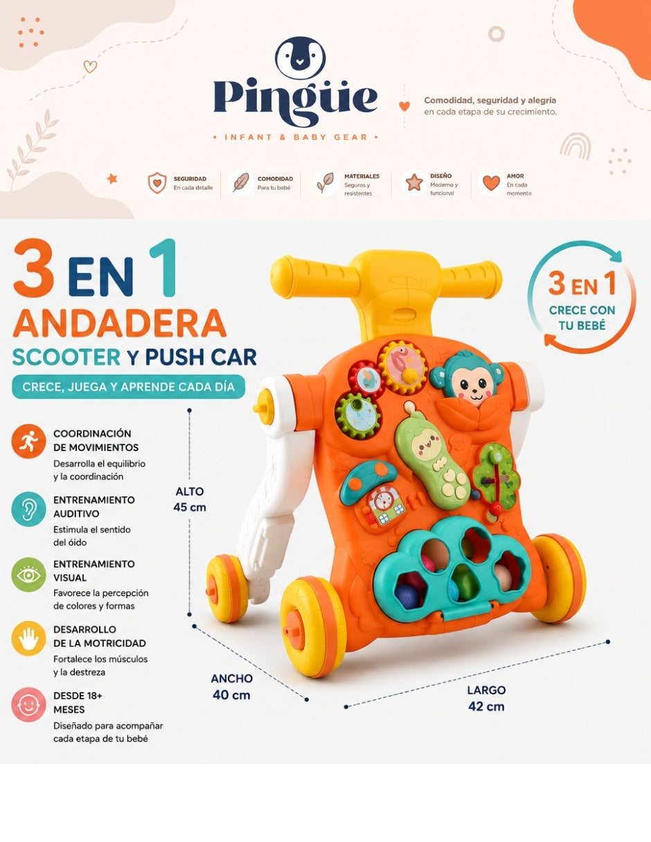 PINGÜE® Bebés Andadera 3 en 1 con Música: Scooter, Andadera y Push Car