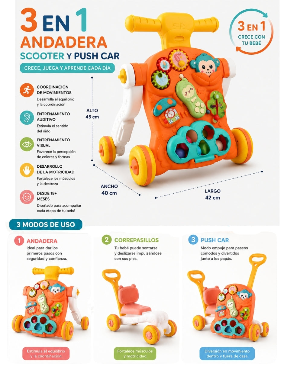 PINGÜE® Bebés Andadera 3 en 1 con Música: Scooter, Andadera y Push Car