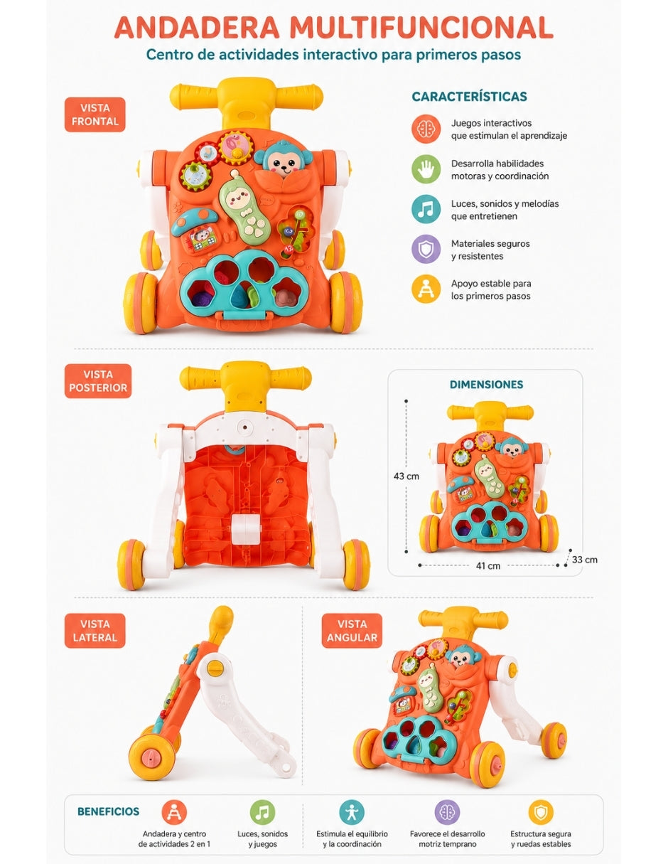 PINGÜE® Bebés Andadera 3 en 1 con Música: Scooter, Andadera y Push Car