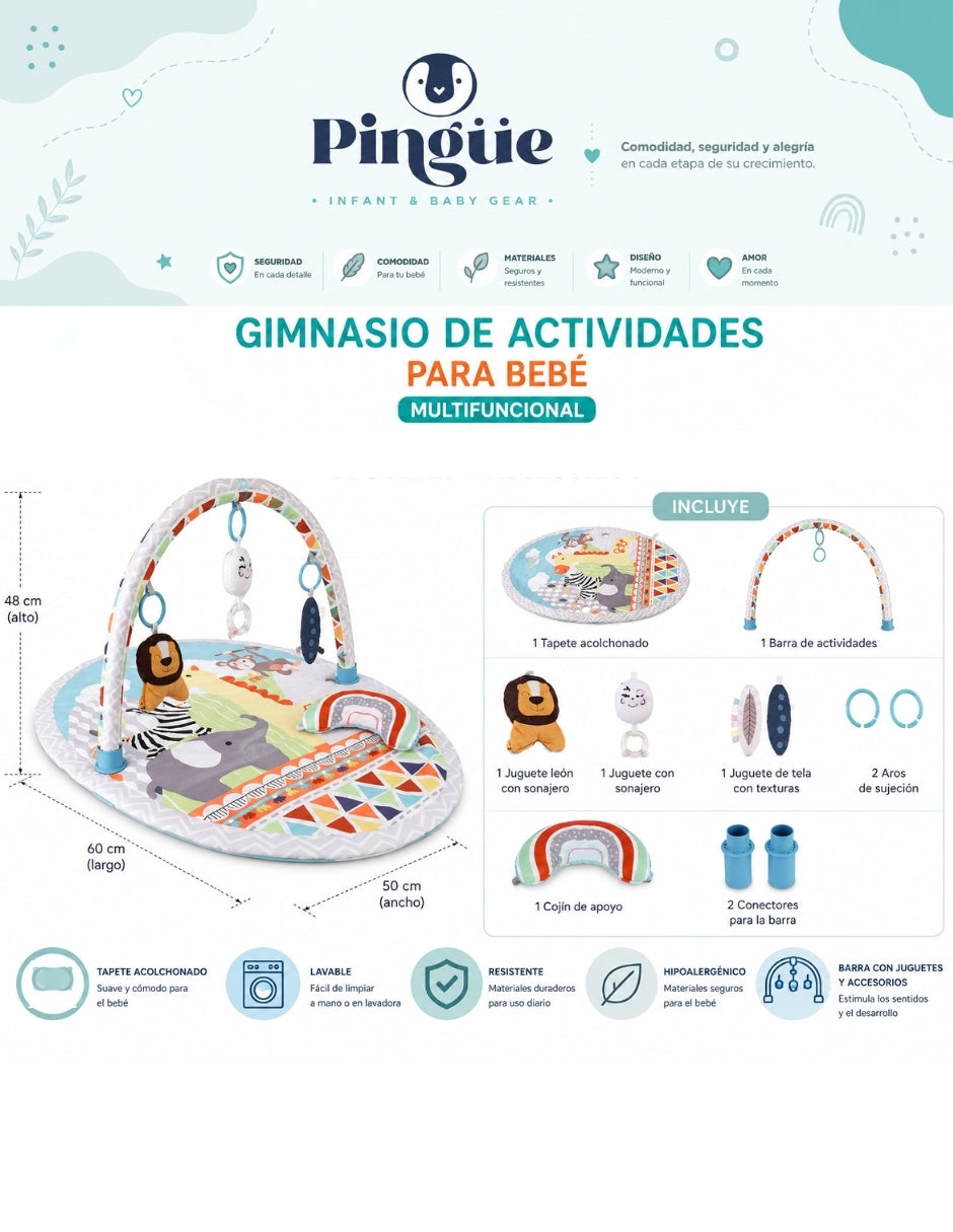 PINGÜE® Bebés | Tapete y gimnasio de juego para bebé con actividades y colchón acolchado | Centro de desarrollo y estimulación temprana.