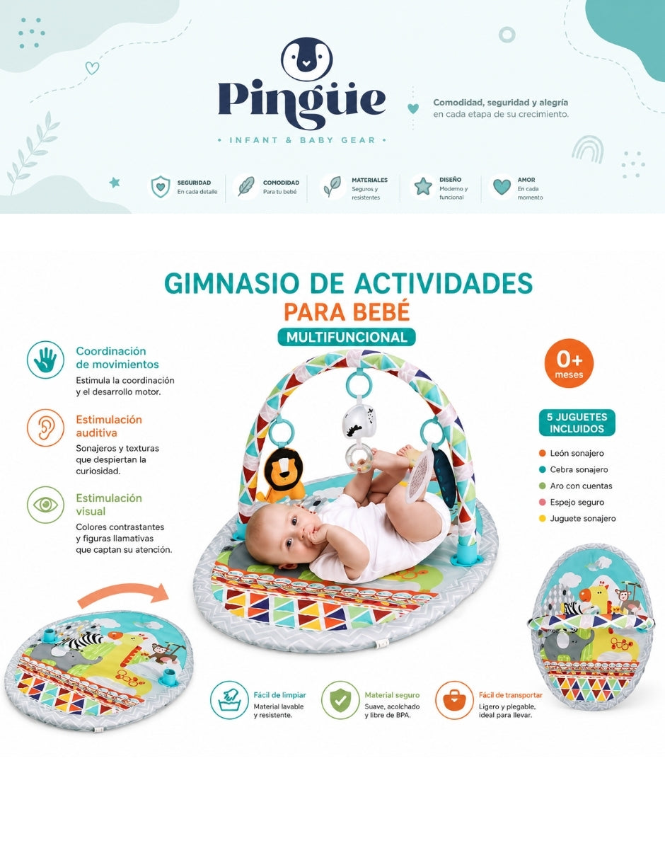 PINGÜE® Bebés | Tapete y gimnasio de juego para bebé con actividades y colchón acolchado | Centro de desarrollo y estimulación temprana.