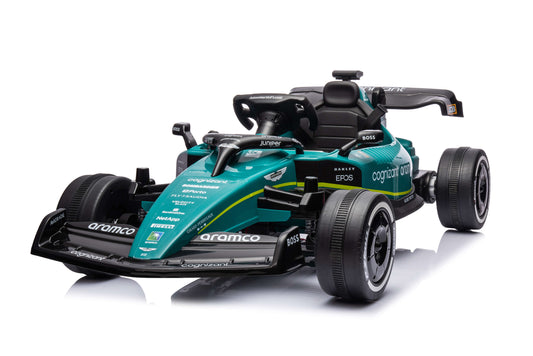 PINGÜE® Montable Go-Kart Eléctrico Niños Aston Martin Formula 1 Team AMR23 - Licencia Oficial | Control Remoto 2.4 GHz | Batería 12V 7AH |8 Km/h | 2 Motores 550 de 12,000 RPM |Luces LED, Música, Radio|