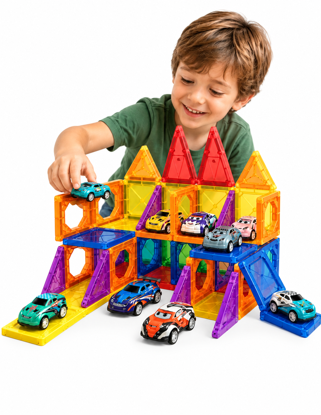 PINGÜE® Magnetic Garage de Vehículos 68 Piezas, Bloques Magnéticos 3D STEM