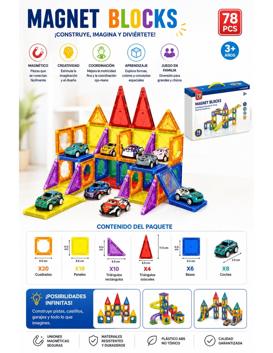 PINGÜE® Magnetic Garage de Vehículos 68 Piezas, Bloques Magnéticos 3D STEM