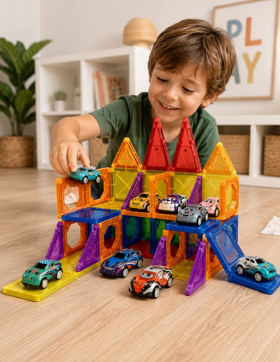 PINGÜE® Magnetic Garage de Vehículos 68 Piezas, Bloques Magnéticos 3D STEM
