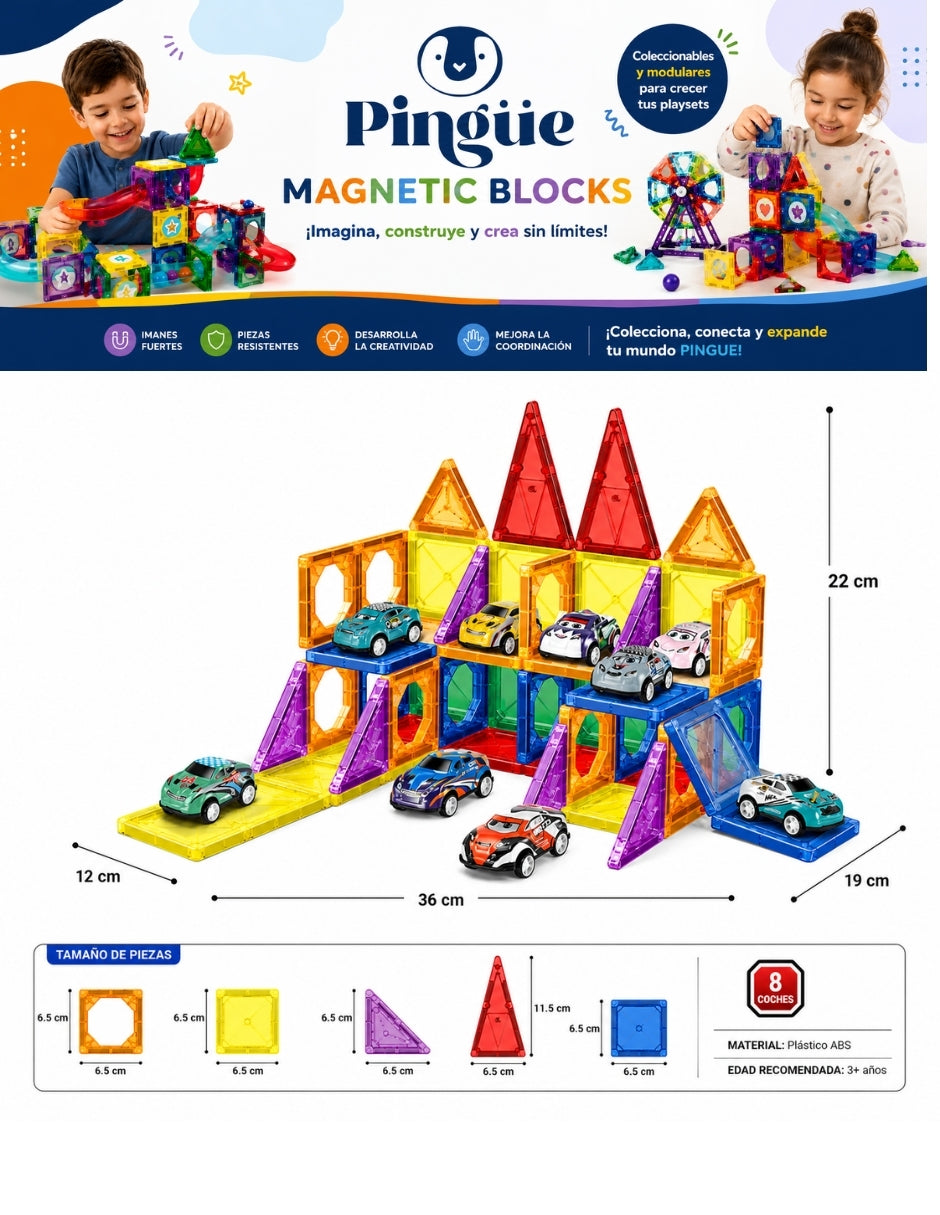 PINGÜE® Magnetic Garage de Vehículos 68 Piezas, Bloques Magnéticos 3D STEM