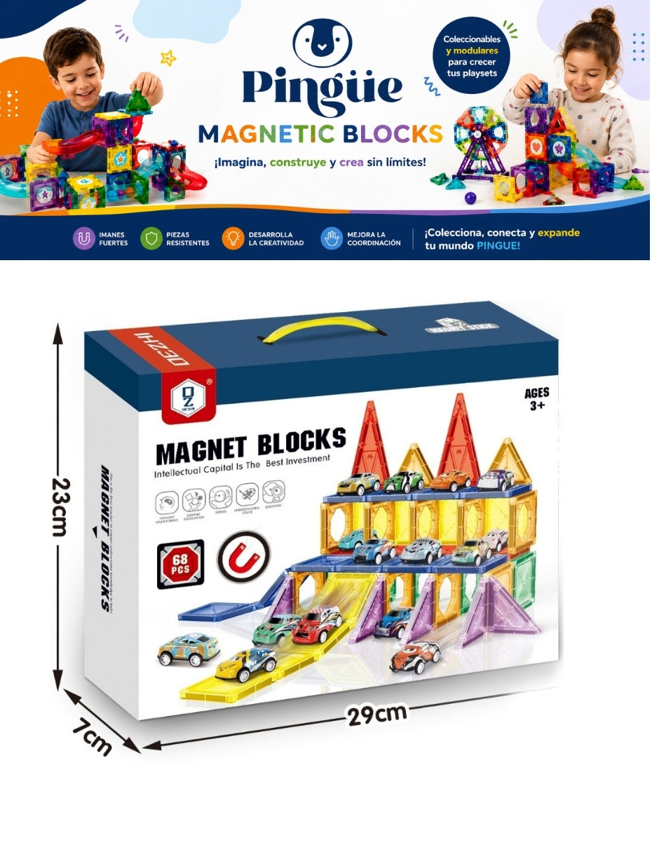 PINGÜE® Magnetic Garage de Vehículos 68 Piezas, Bloques Magnéticos 3D STEM
