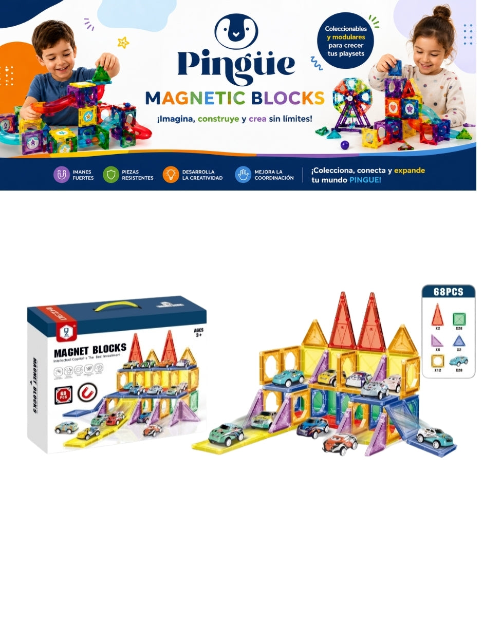 PINGÜE® Magnetic Garage de Vehículos 68 Piezas, Bloques Magnéticos 3D STEM