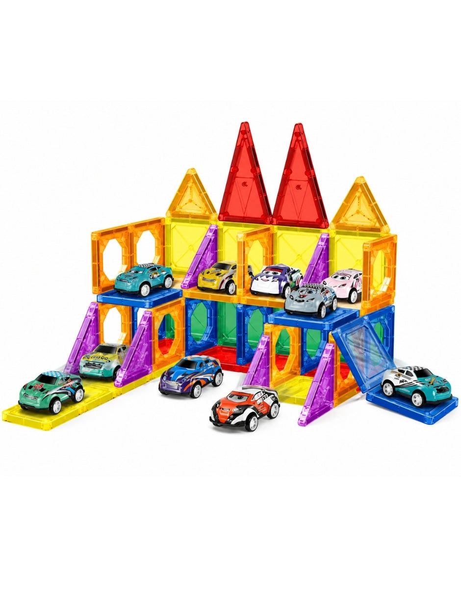 PINGÜE® Magnetic Garage de Vehículos 68 Piezas, Bloques Magnéticos 3D STEM