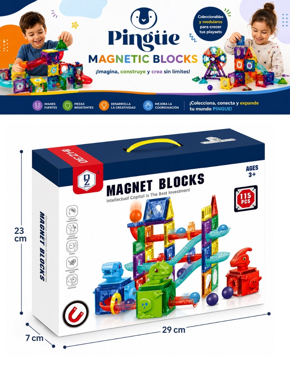 PINGÜE® Magnetic Parque de Dinosaurios 115 Piezas, Bloques Magnéticos 3D STEM