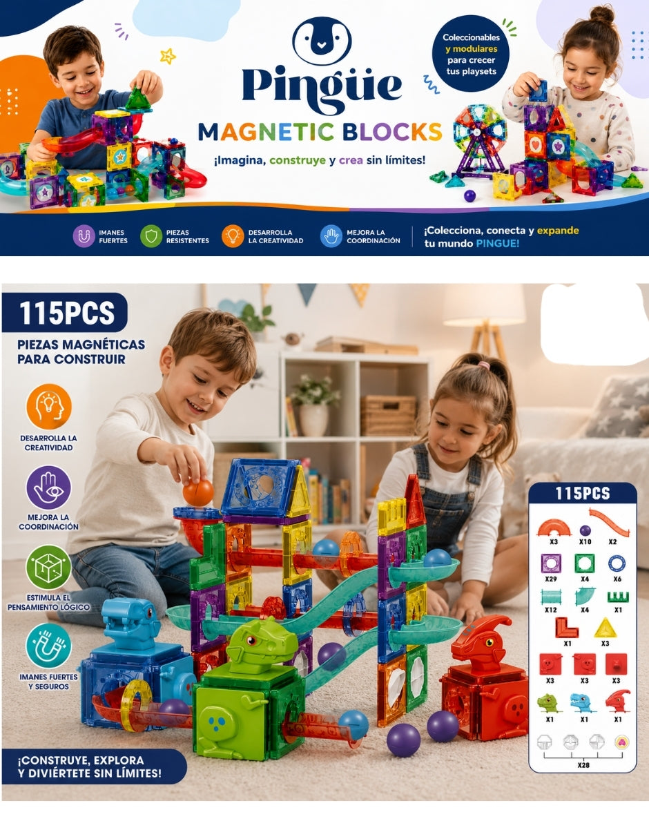 PINGÜE® Magnetic Parque de Dinosaurios 115 Piezas, Bloques Magnéticos 3D STEM