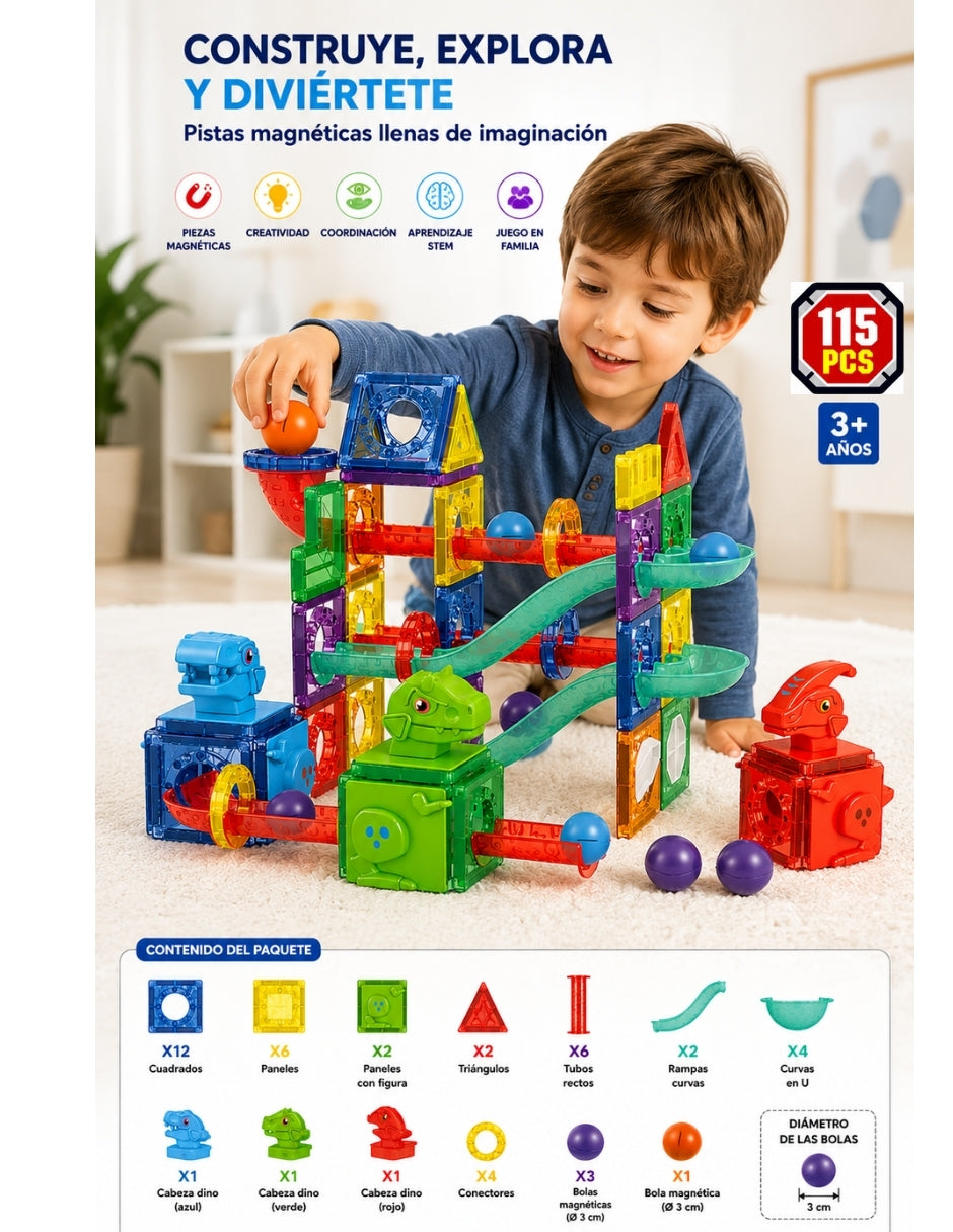 PINGÜE® Magnetic Parque de Dinosaurios 115 Piezas, Bloques Magnéticos 3D STEM