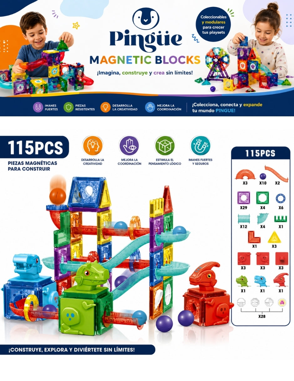 PINGÜE® Magnetic Parque de Dinosaurios 115 Piezas, Bloques Magnéticos 3D STEM