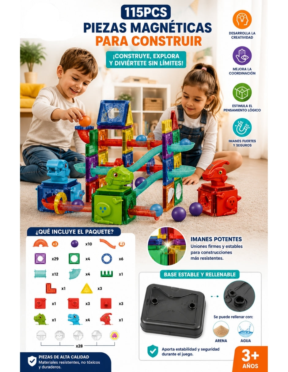 PINGÜE® Magnetic Parque de Dinosaurios 115 Piezas, Bloques Magnéticos 3D STEM