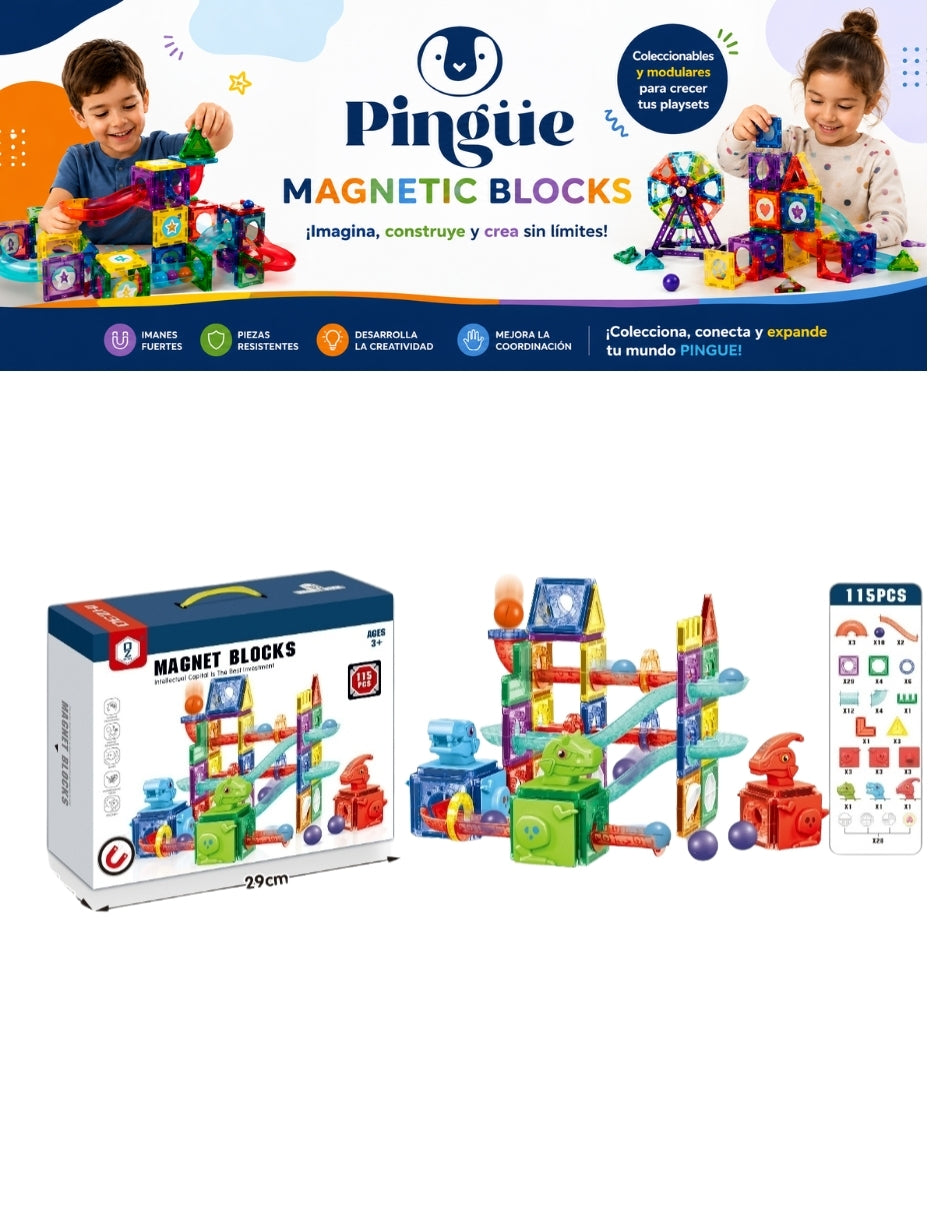 PINGÜE® Magnetic Parque de Dinosaurios 115 Piezas, Bloques Magnéticos 3D STEM
