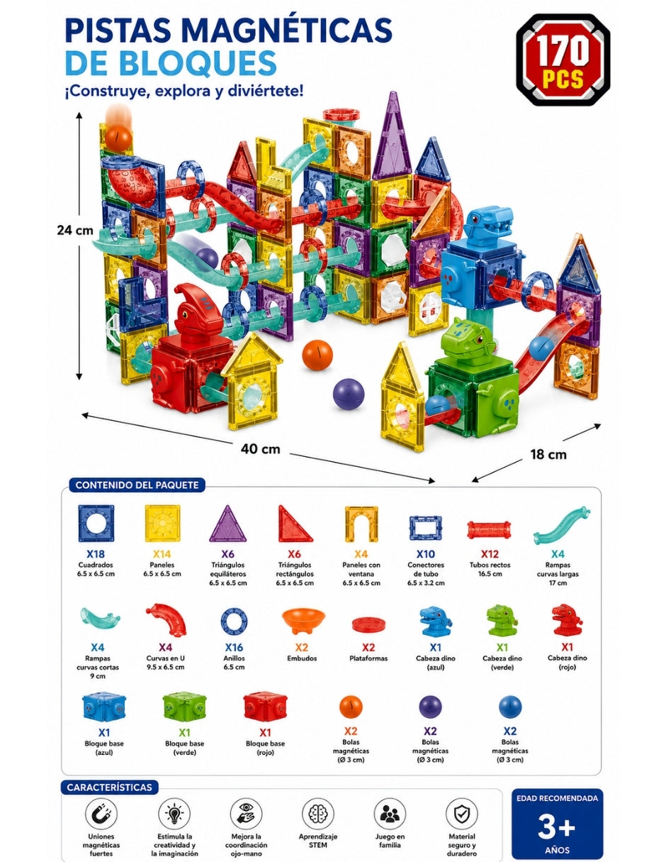 PINGÜE® Magnetic Parque de Dinosaurios 170 Piezas, Bloques Magnéticos 3D STEM