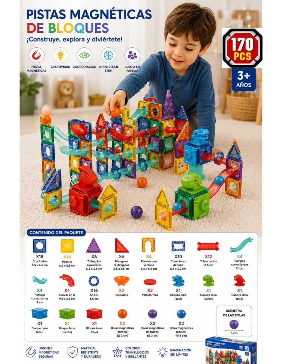 PINGÜE® Magnetic Parque de Dinosaurios 170 Piezas, Bloques Magnéticos 3D STEM