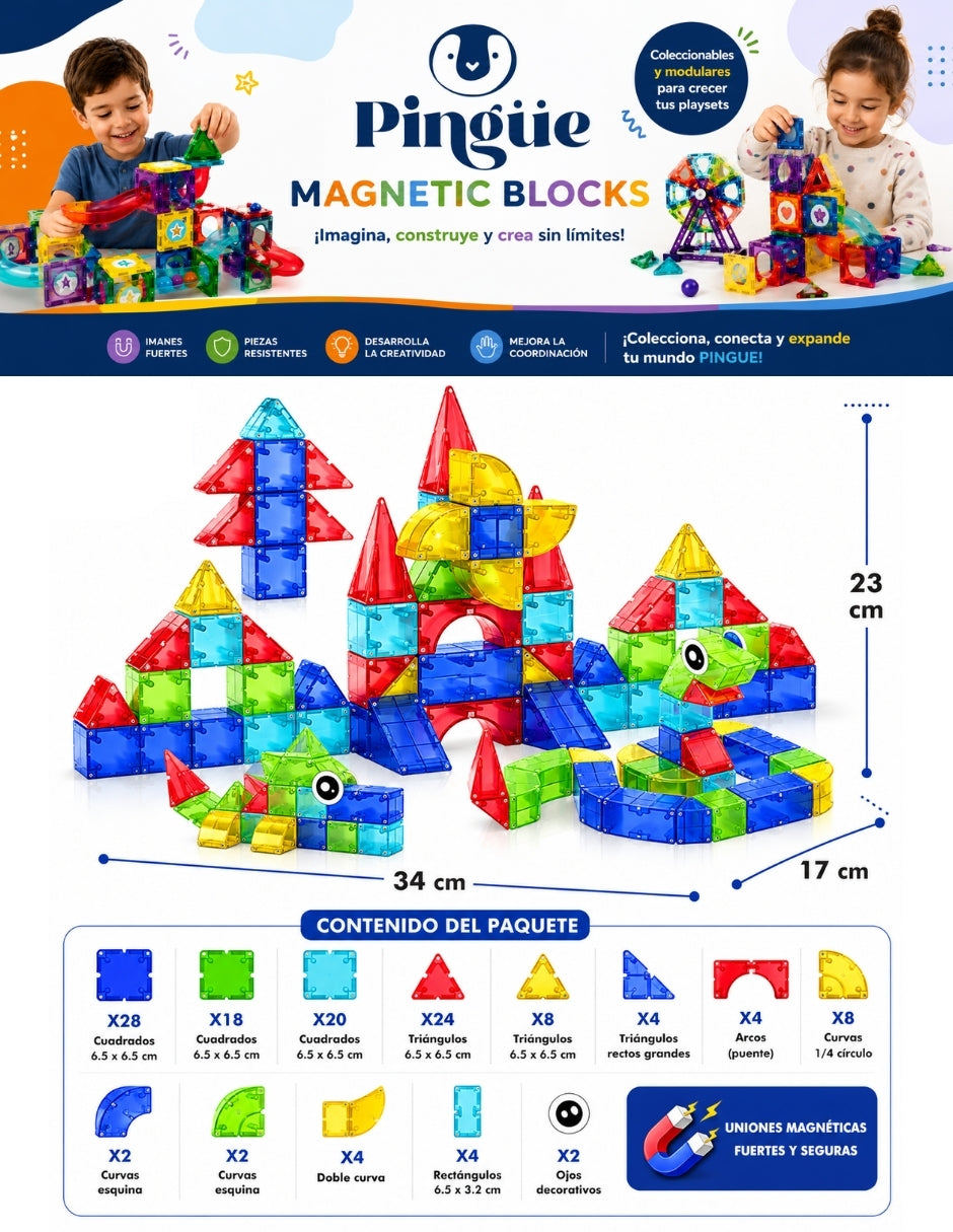 PINGÜE® Magnetic Bloques Magnéticos 3D 72 Piezas STEM, Figuras Geométricas