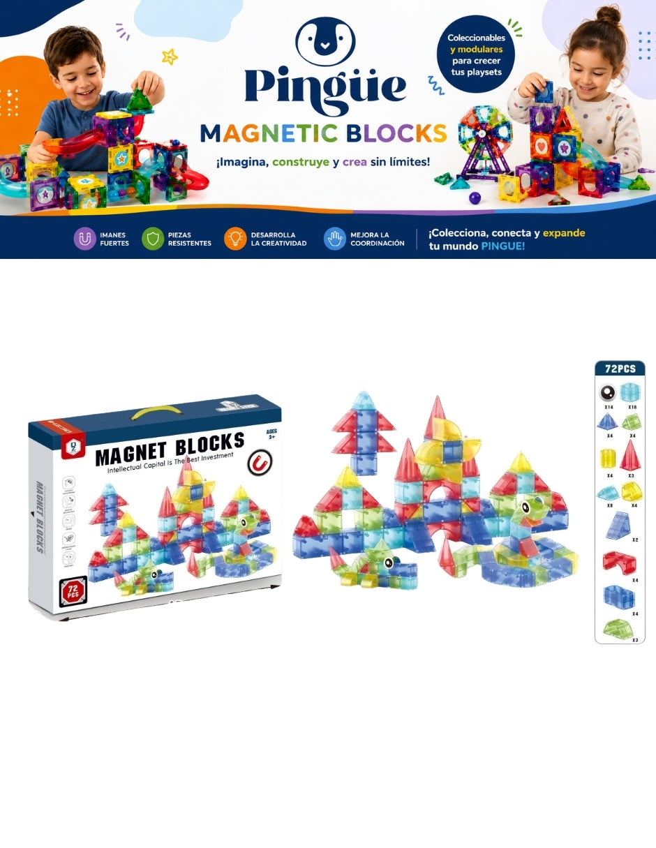 PINGÜE® Magnetic Bloques Magnéticos 3D 72 Piezas STEM, Figuras Geométricas