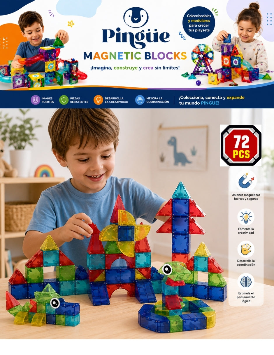 PINGÜE® Magnetic Bloques Magnéticos 3D 72 Piezas STEM, Figuras Geométricas