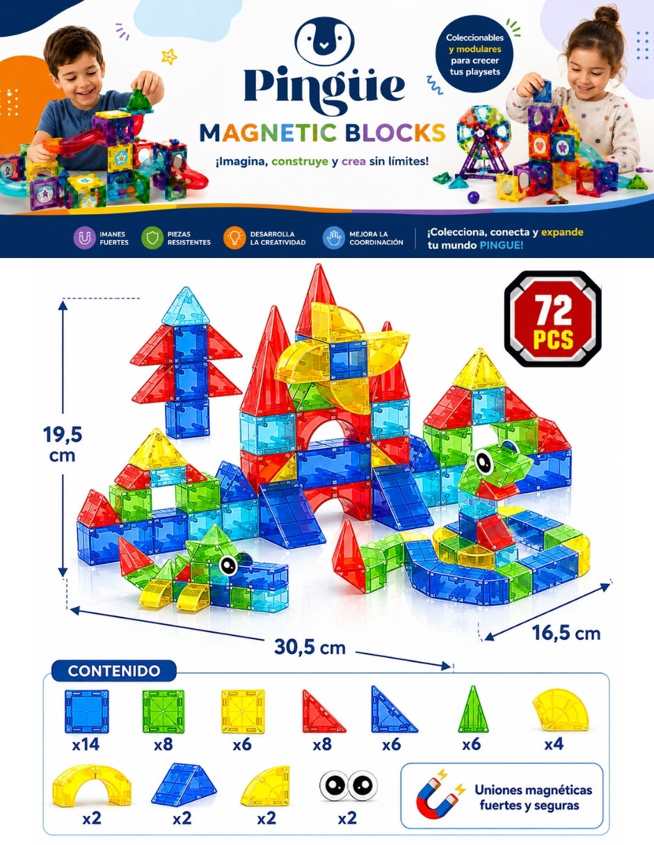 PINGÜE® Magnetic Bloques Magnéticos 3D 72 Piezas STEM, Figuras Geométricas