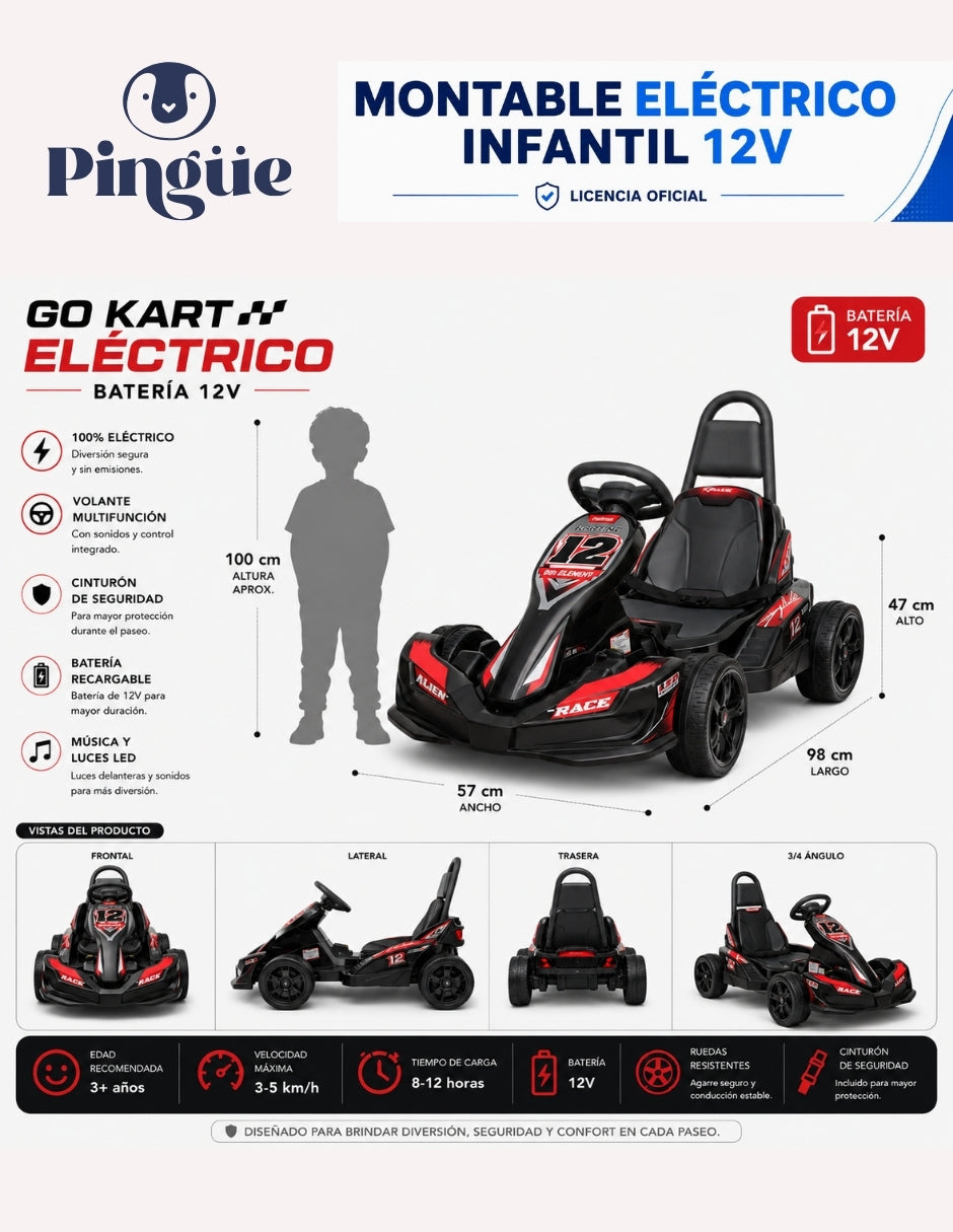 PINGÜE® Montable Eléctrico Tipo Go-Kart 12V con Control Remoto